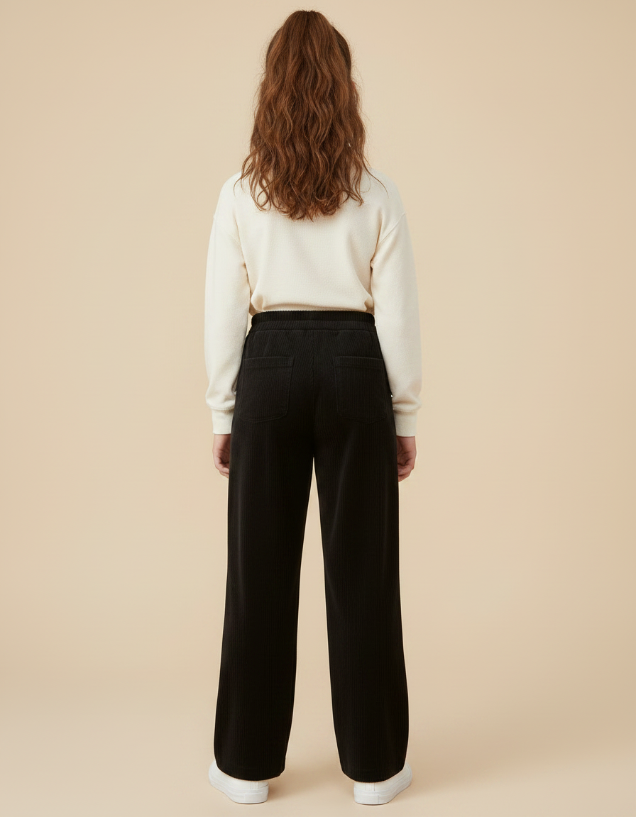 Pantalon Japonais Noir Côtelé Ample Fille Décontracté - Cordé - vue 2