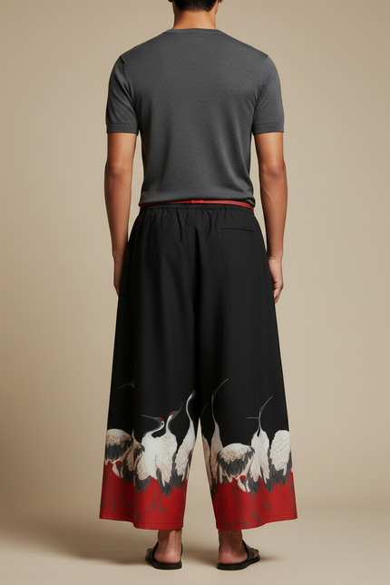 Pantalon Japonais Noir Ample Grue Rouge Fluide - Viscose - vue 2