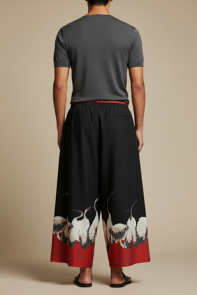 Pantalon Japonais Noir Ample Grue Rouge Fluide - Viscose - vue 2