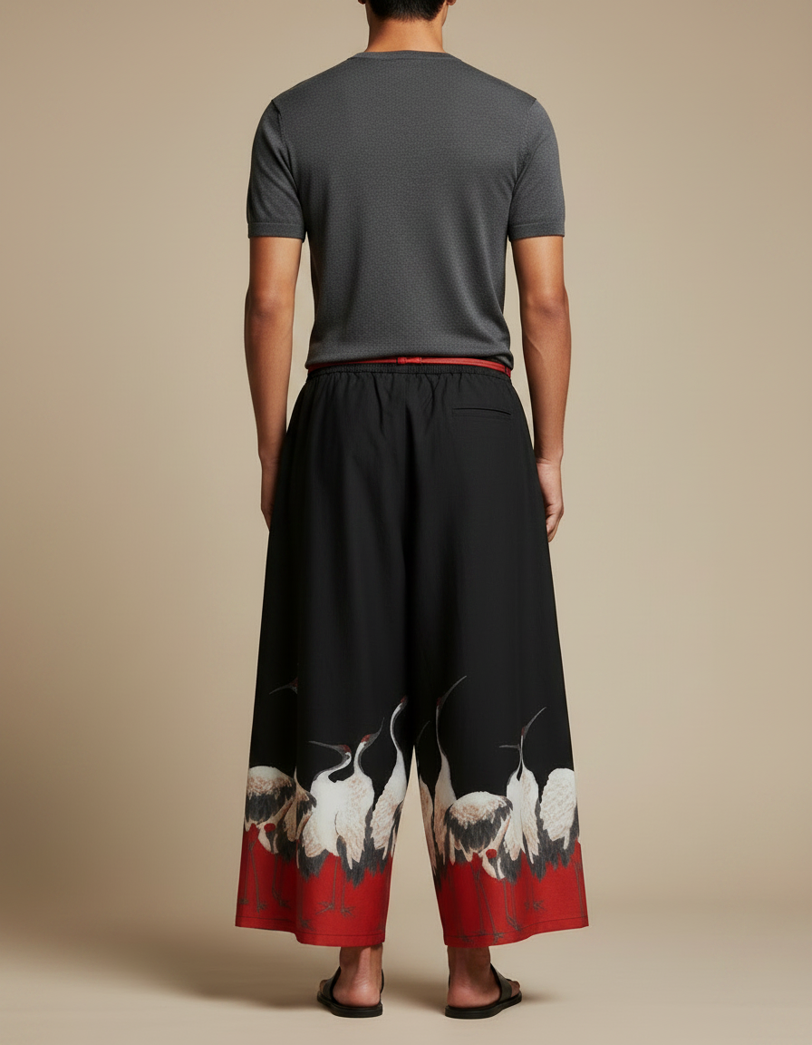 Pantalon Japonais Noir Ample Grue Rouge Fluide - Viscose - vue 2