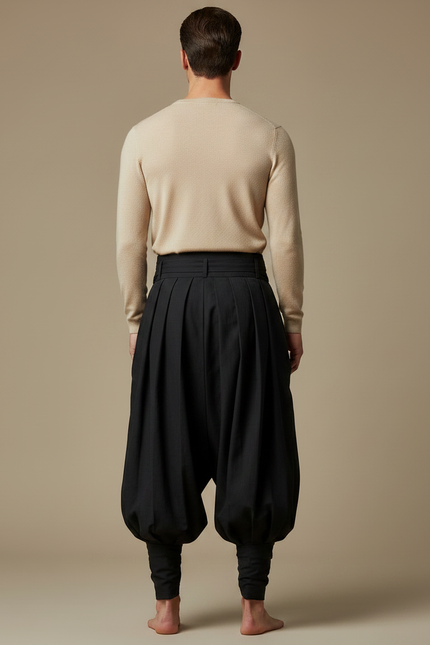Pantalon Japonais Plissé Noir Ample Ceinturé Homme - Gabardine - vue 2