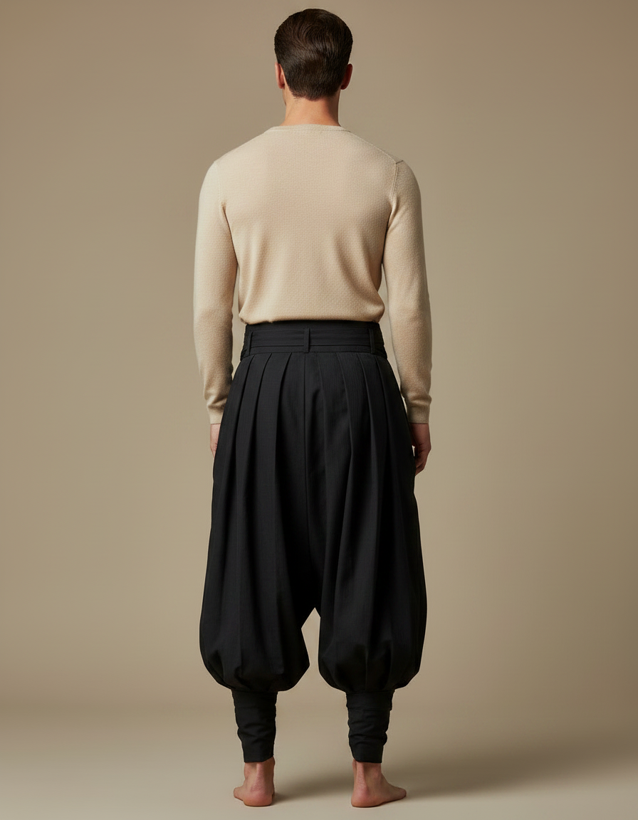 Pantalon Japonais Plissé Noir Ample Ceinturé Homme - Gabardine - vue 2