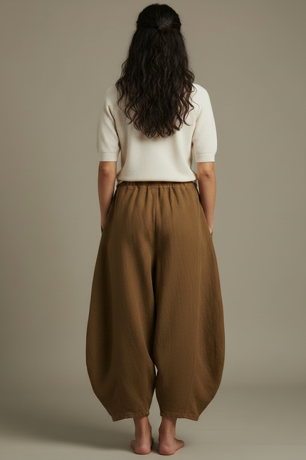 Pantalon Japonais Ample Lin Coton Marron Fluide - vue 2