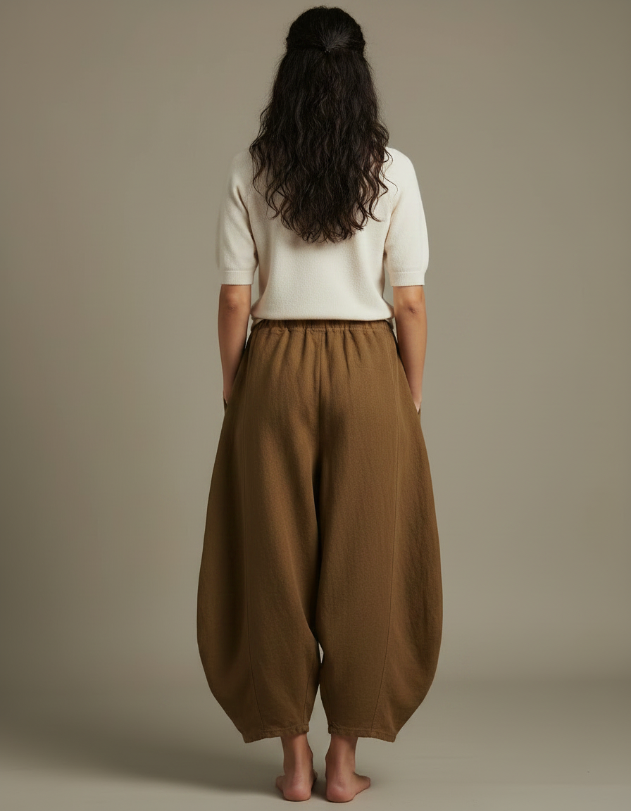 Pantalon Japonais Ample Lin Coton Marron Fluide - vue 2