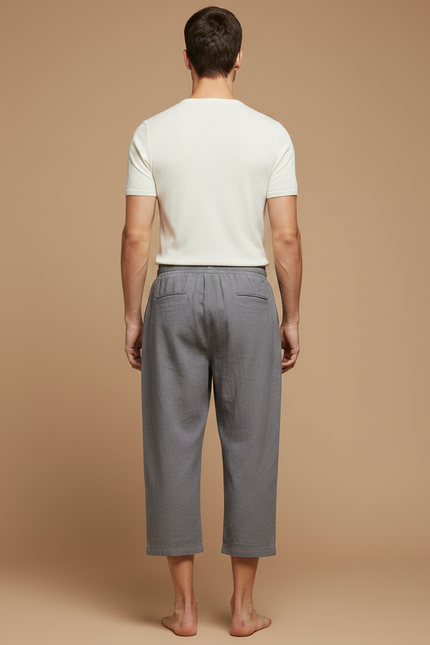 Pantalon Japonais Gris Lin Ample Court Cordon Homme - vue 2
