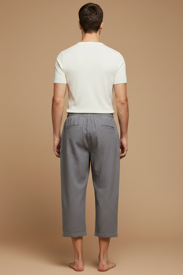 Pantalon Japonais Gris Lin Ample Court Cordon Homme - vue 2