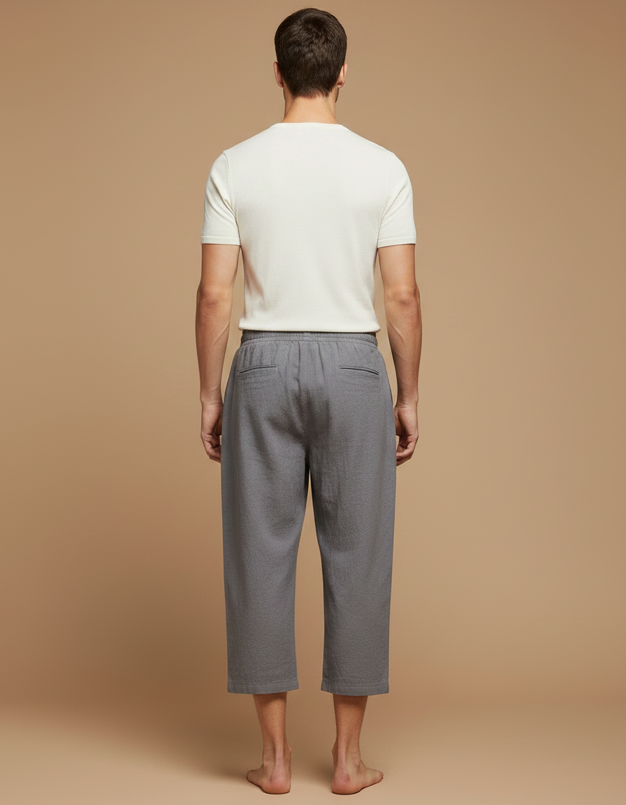 Pantalon Japonais Gris Lin Ample Court Cordon Homme - vue 2
