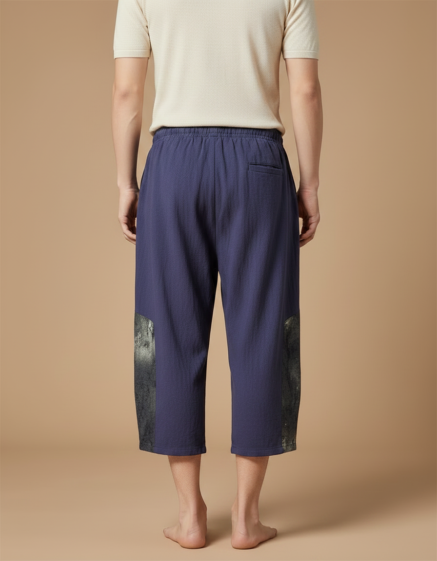 Pantalon Japonais Bleu Lin Ample Cropped Homme - Marine - vue 2