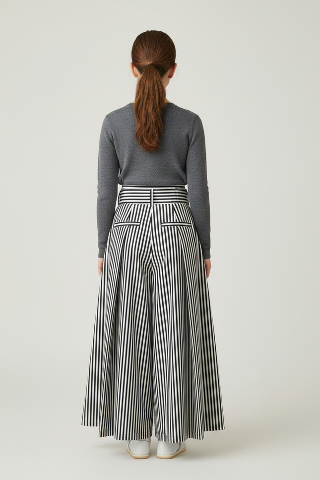 Pantalon Japonais Rayé Ample Noir Blanc Fille - Imprimé Toile - vue 2