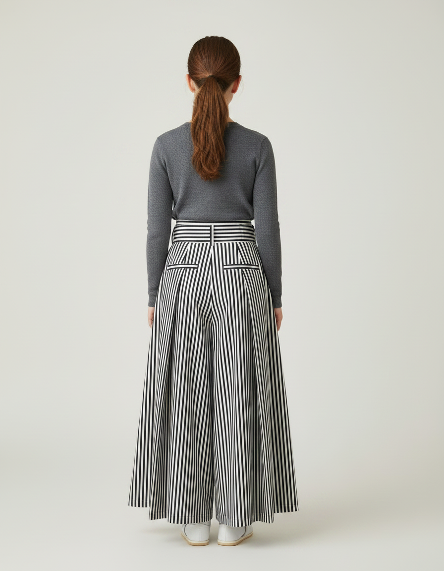 Pantalon Japonais Rayé Ample Noir Blanc Fille - Imprimé Toile - vue 2