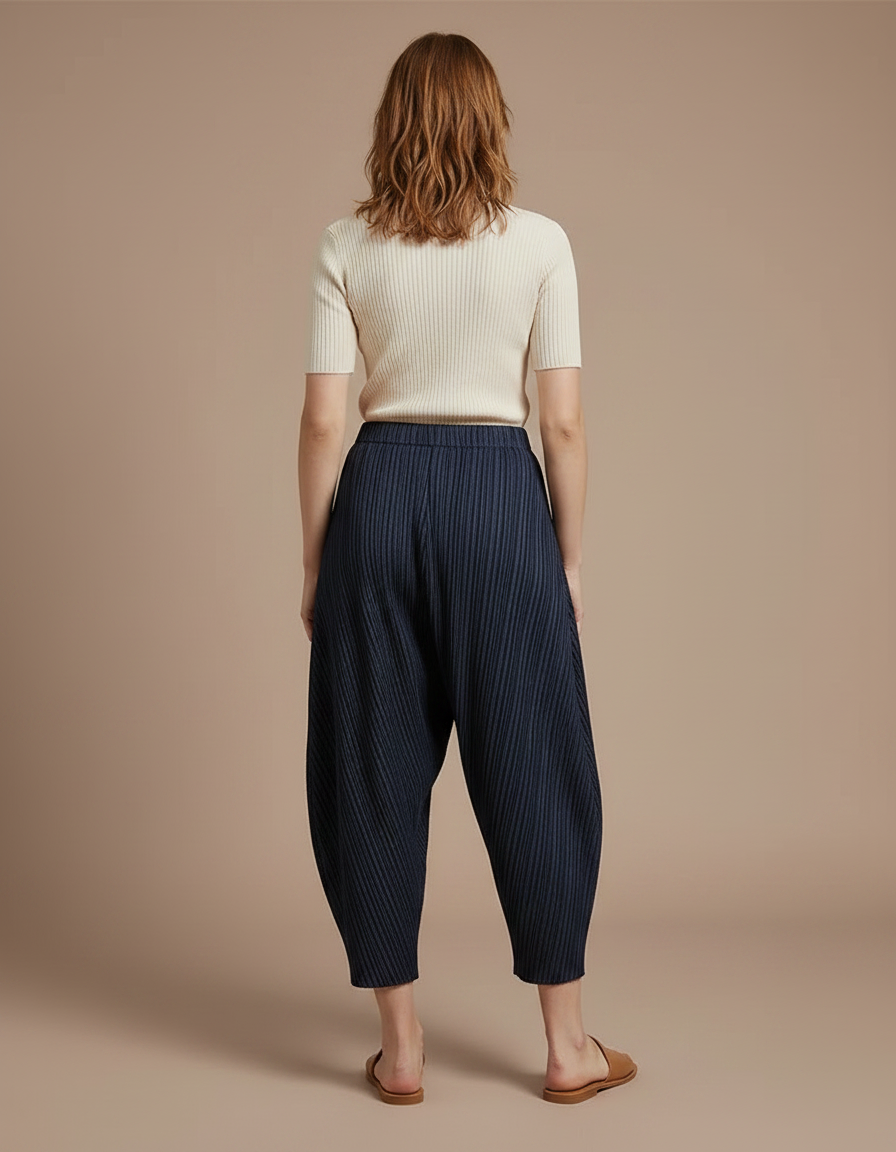 Pantalon Japonais Plissé Bleu Marine Ample Décontracté - Polyester - vue 2