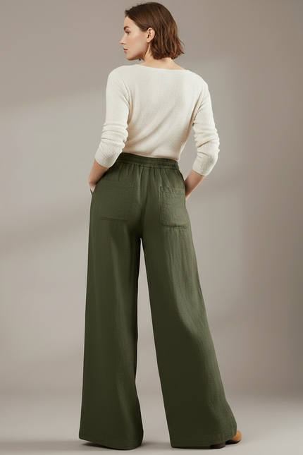 Pantalon Japonais Large Vert Lin Casual Femme - Kaki - vue 2