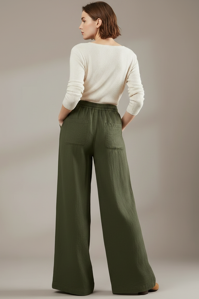 Pantalon Japonais Large Vert Lin Casual Femme - Kaki - vue 2