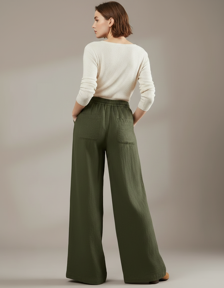 Pantalon Japonais Large Vert Lin Casual Femme - Kaki - vue 2