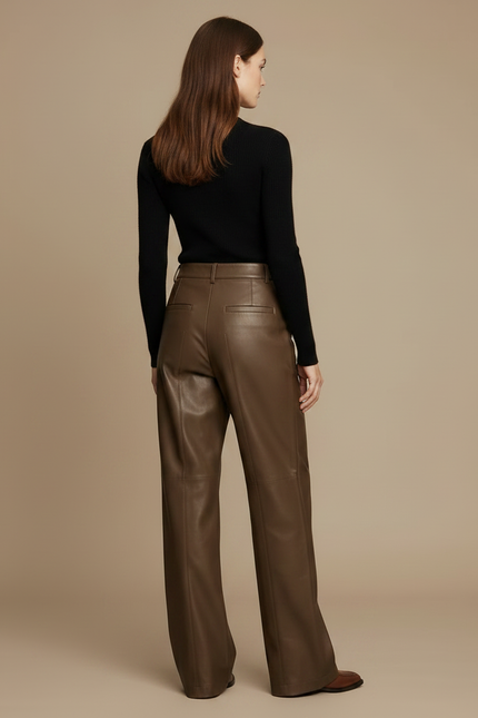 Pantalon Japonais Marron Cuir Ample Droit Élégant Femme - vue 2