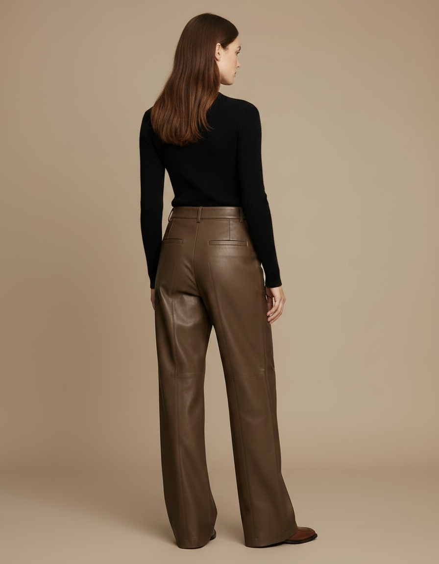 Pantalon Japonais Marron Cuir Ample Droit Élégant Femme - vue 2