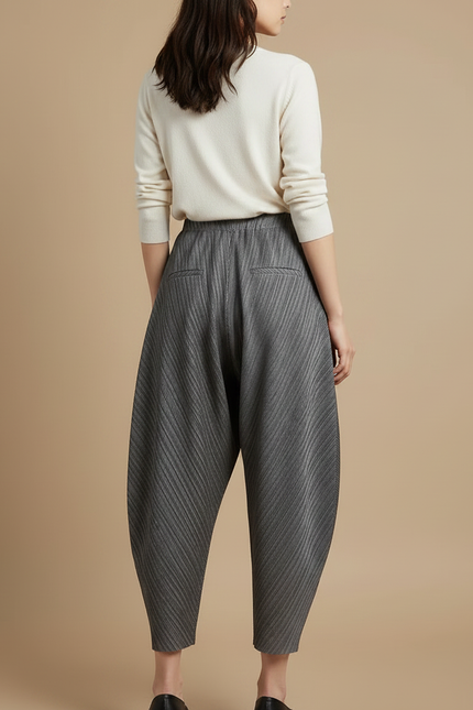 Pantalon Japonais Plissé Gris Ample Texturé Femme - Polyester - vue 2