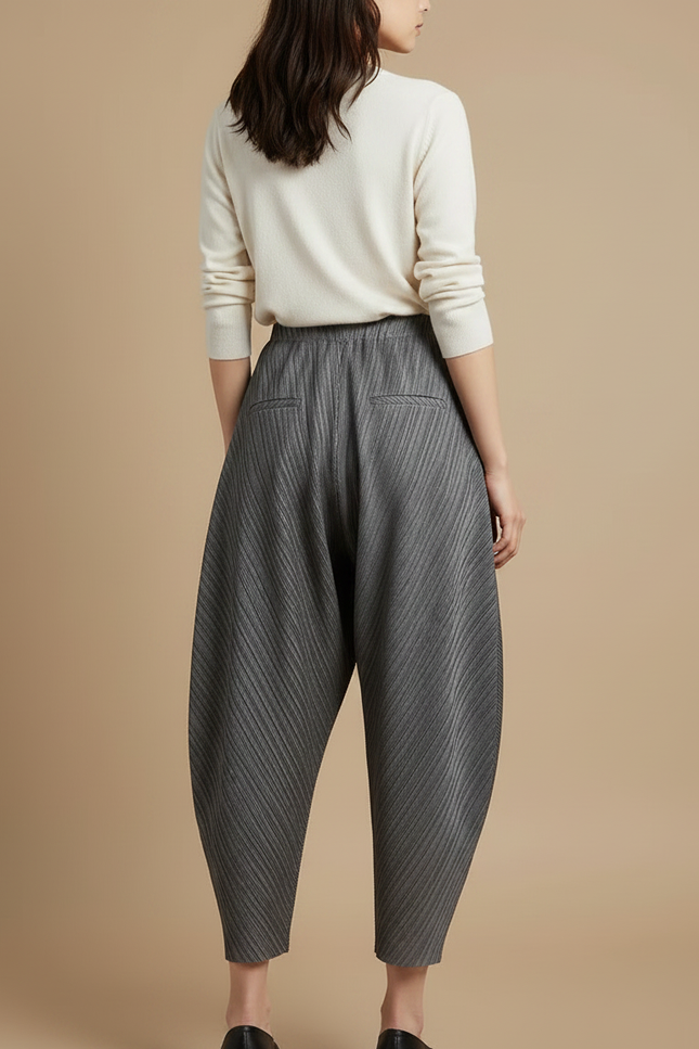 Pantalon Japonais Plissé Gris Ample Texturé Femme - Polyester - vue 2