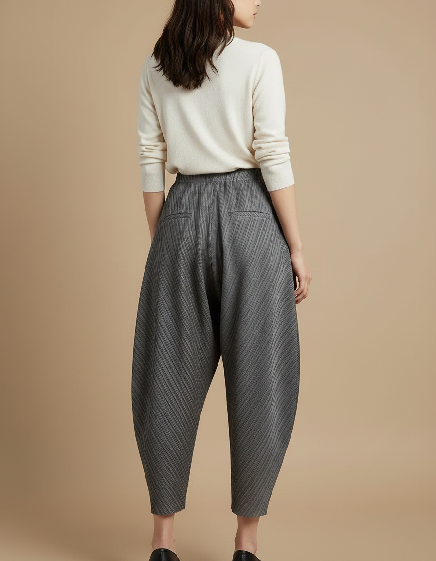 Pantalon Japonais Plissé Gris Ample Texturé Femme - Polyester - vue 2