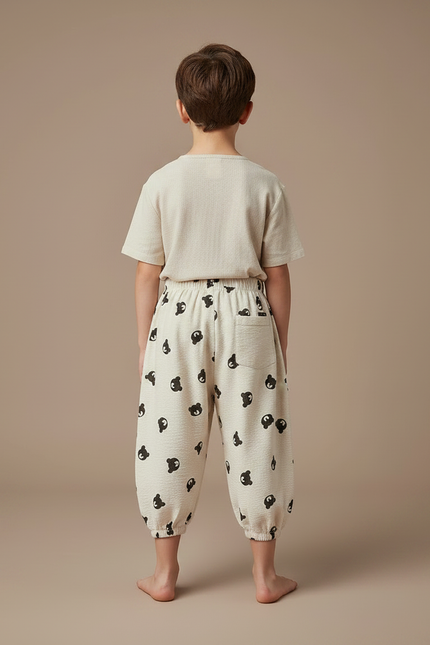 Pantalon Japonais Crème Harem Motif Ours Décontracté Enfant - Beige Lin - vue 2
