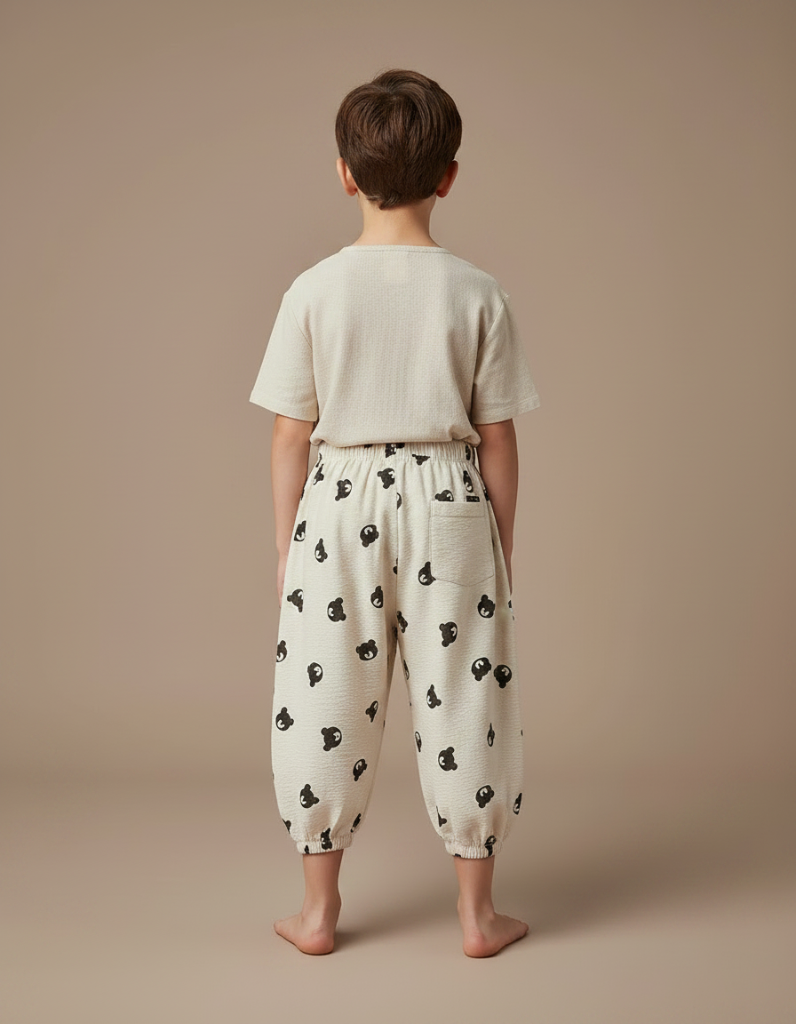 Pantalon Japonais Crème Harem Motif Ours Décontracté Enfant - Beige Lin - vue 2