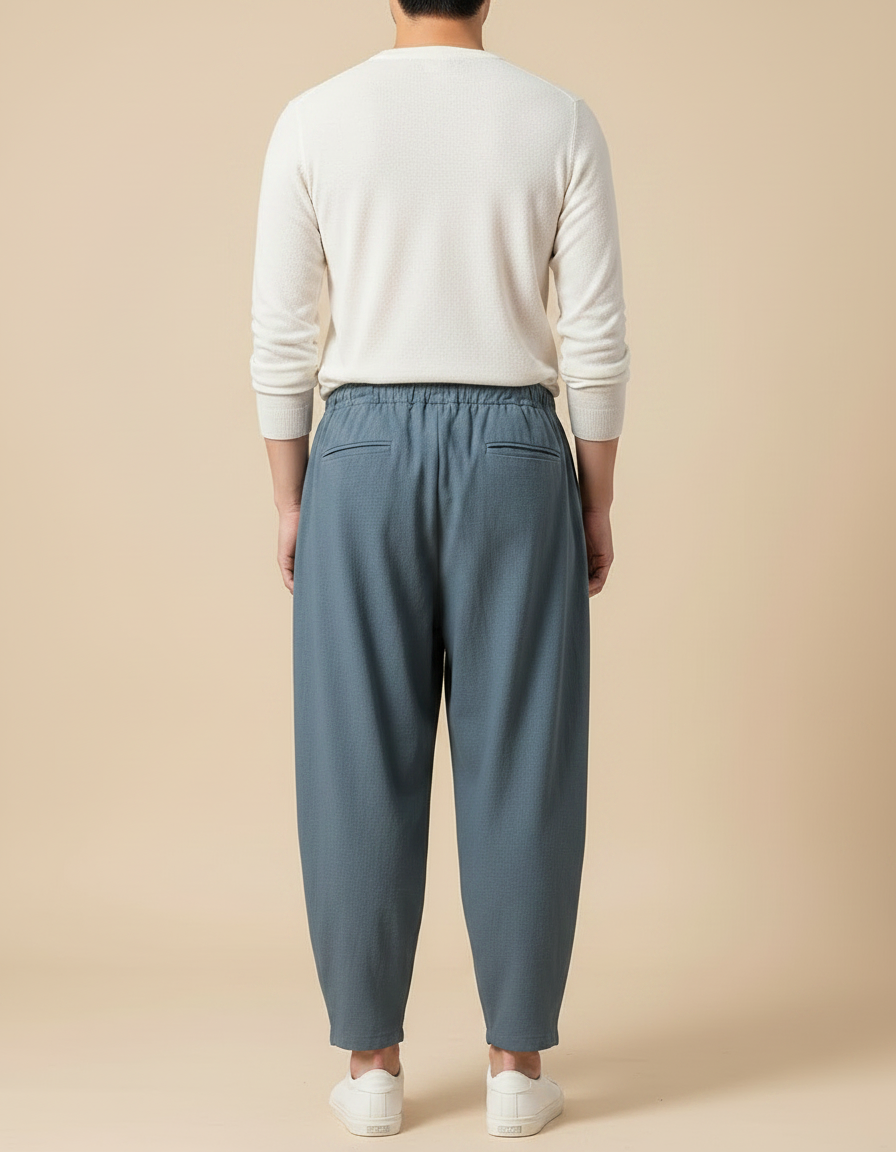 Pantalon Japonais Bleu Lin Ample Cordon Décontracté - vue 2