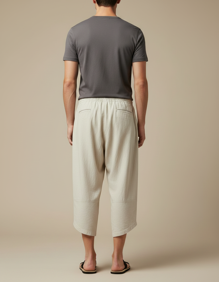 Pantalon Japonais Beige Coton Ample Cropped Homme - vue 2