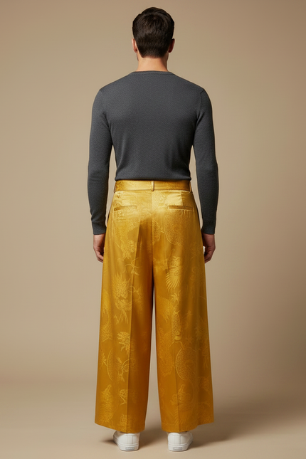 Pantalon Japonais Jaune Satin Dragon Ample Fluide Homme - vue 2