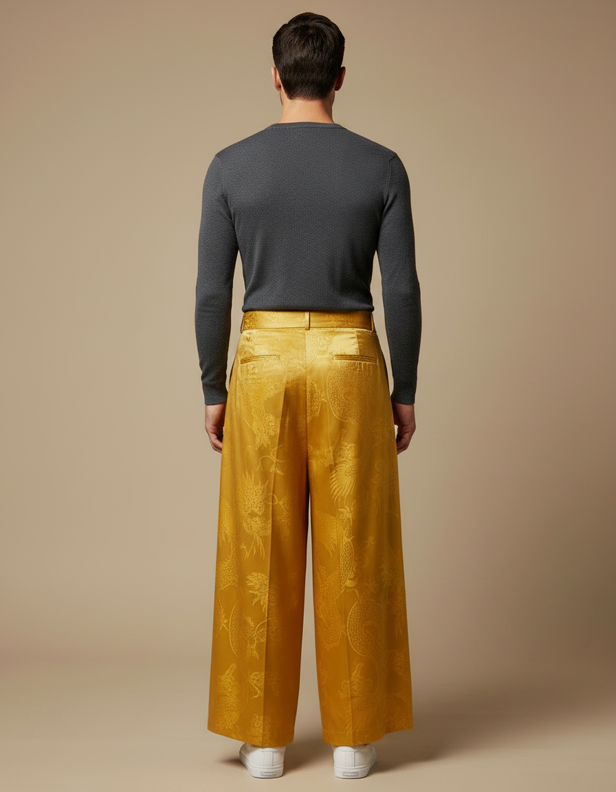 Pantalon Japonais Jaune Satin Dragon Ample Fluide Homme - vue 2