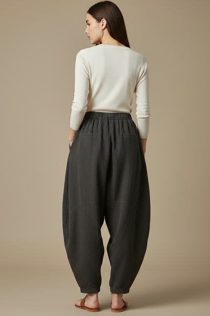 Pantalon Japonais Gris Anthracite Ample Coton Lin - vue 2
