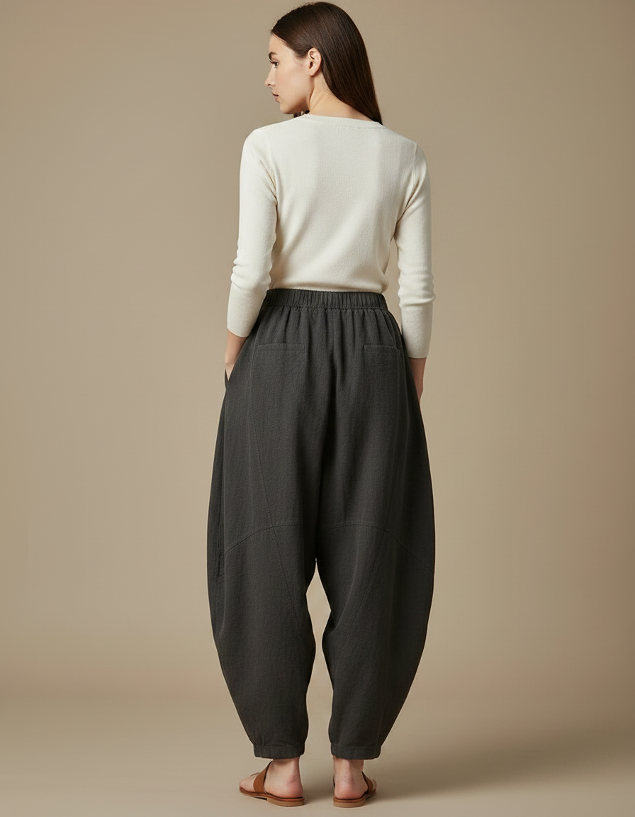 Pantalon Japonais Gris Anthracite Ample Coton Lin - vue 2