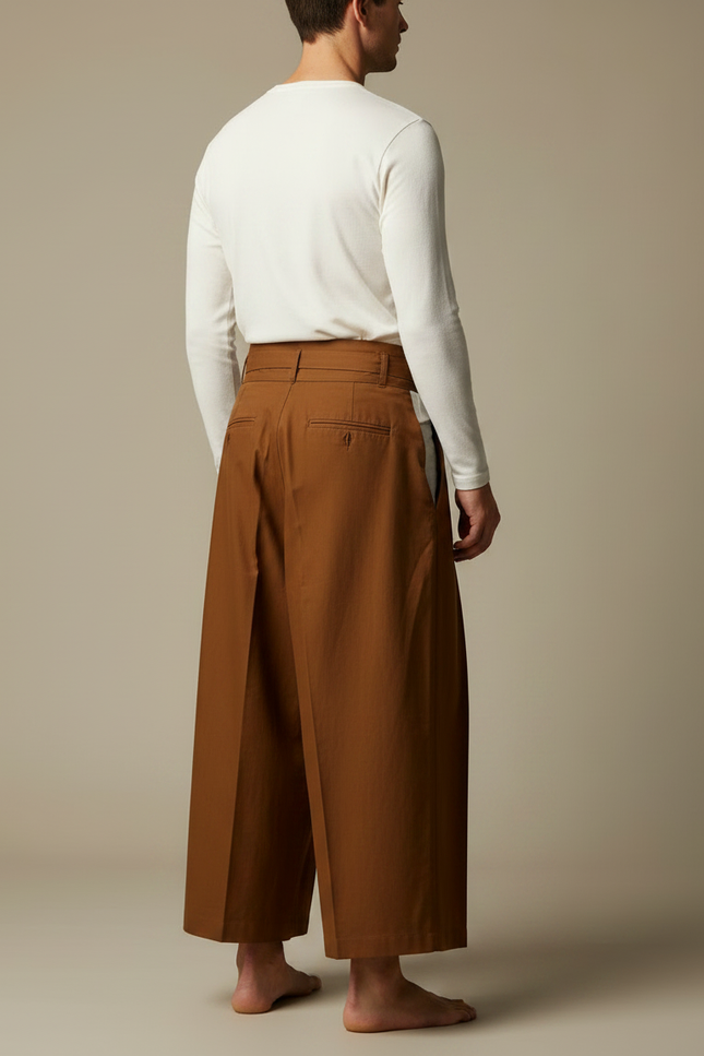 Pantalon Japonais Marron Ample Plissé Coton Homme - vue 2