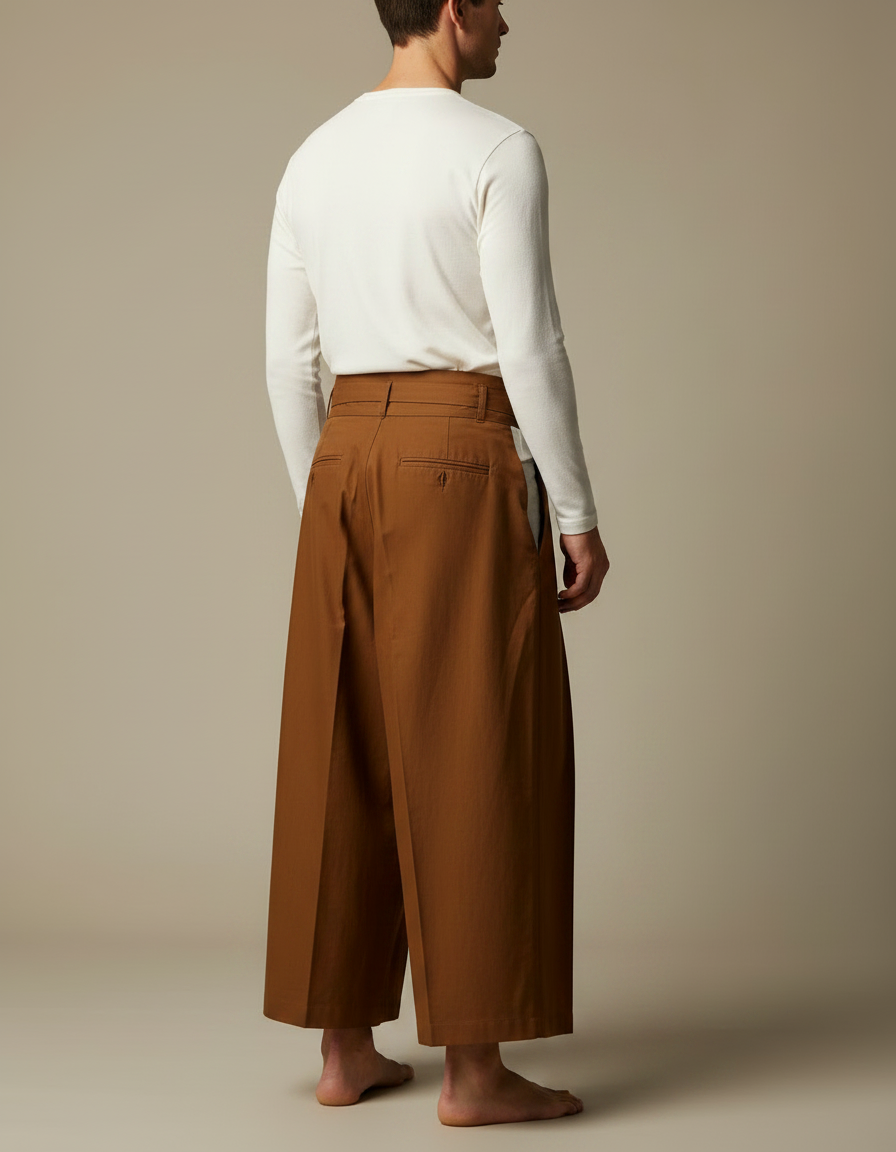 Pantalon Japonais Marron Ample Plissé Coton Homme - vue 2