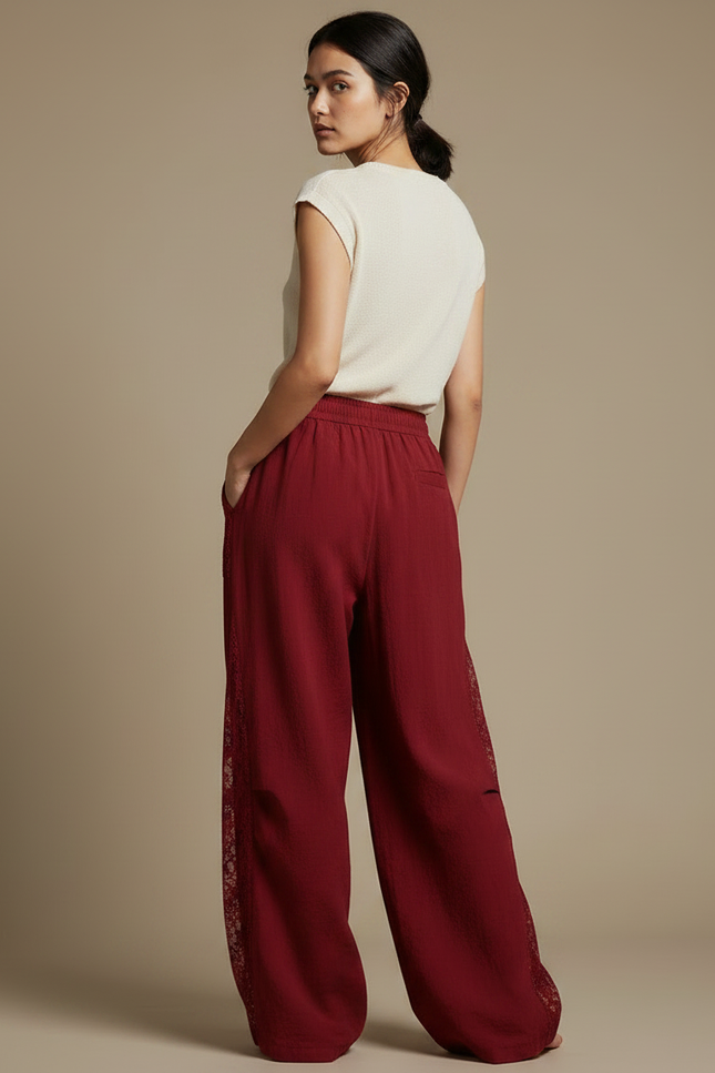 Pantalon Japonais Rouge Ample Dentelle Lin Fluide - Bordeaux - vue 2