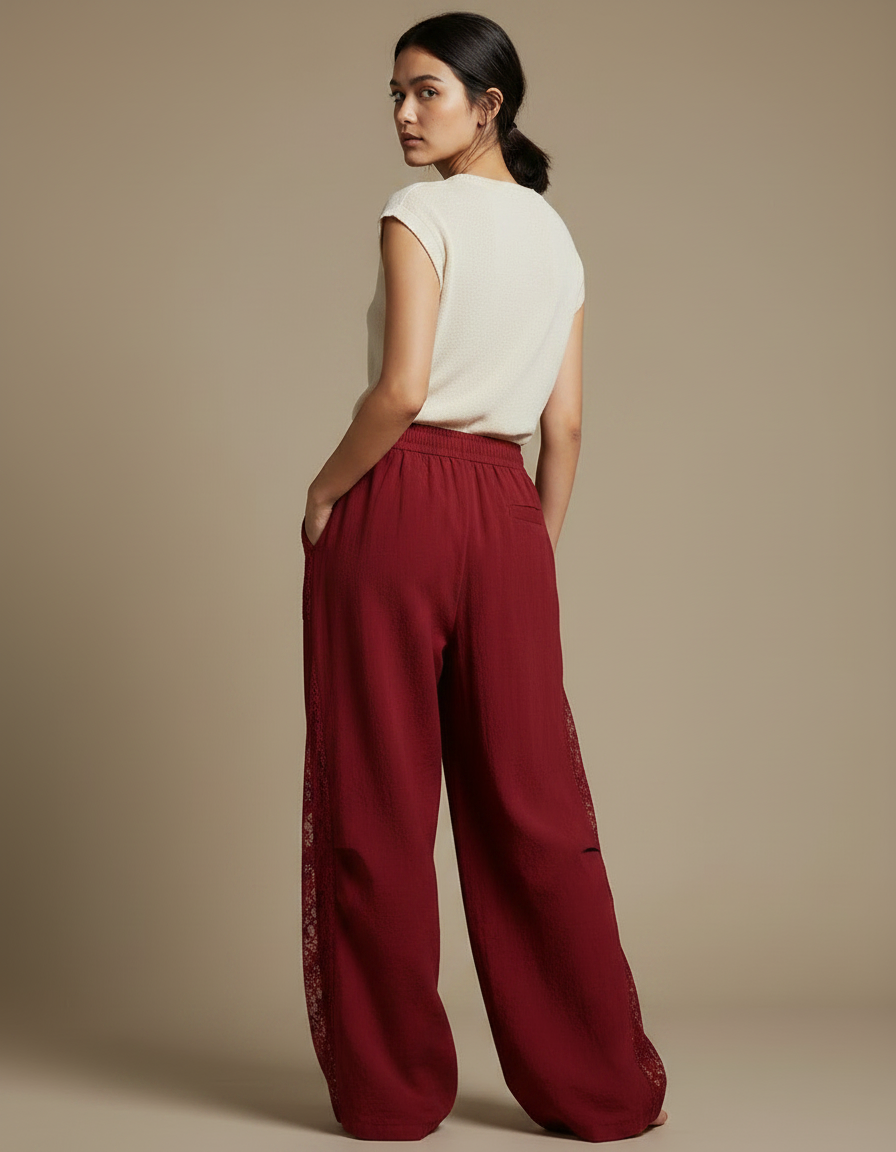 Pantalon Japonais Rouge Ample Dentelle Lin Fluide - Bordeaux - vue 2