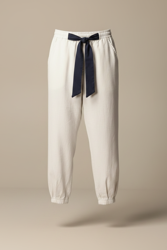 Pantalon Japonais Crème Ample Ceinturé Coton Homme - Beige - vue 3