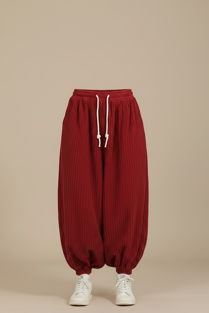 Pantalon Japonais Corduroy Rouge Ample Harem Décontracté - Bordeaux Cordé - vue 3