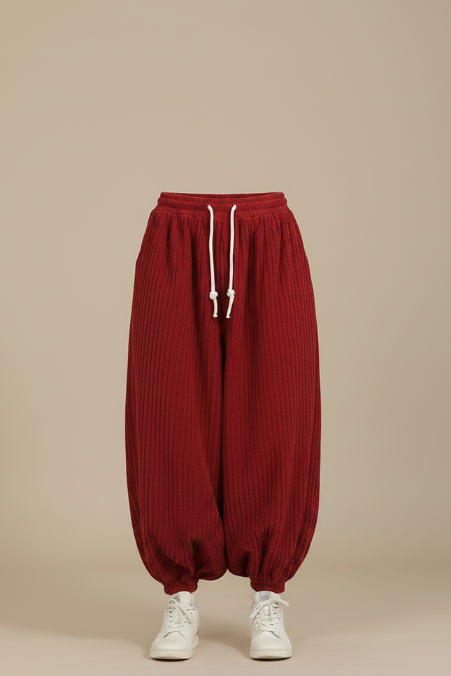 Pantalon Japonais Corduroy Rouge Ample Harem Décontracté - Bordeaux Cordé - vue 3