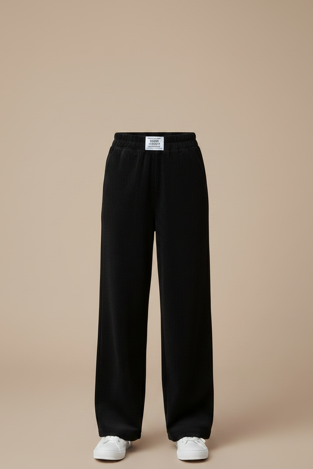 Pantalon Japonais Noir Côtelé Ample Droit Décontracté - Cordé - vue 3