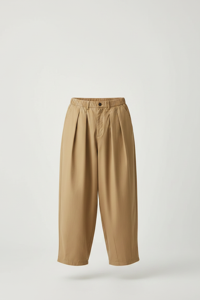 Pantalon Japonais Marron Ample Plissé Coton Décontracté - Camel - vue 3