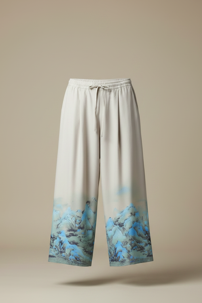 Pantalon Japonais Ample Beige Motif Montagne Décontracté - Viscose - vue 3