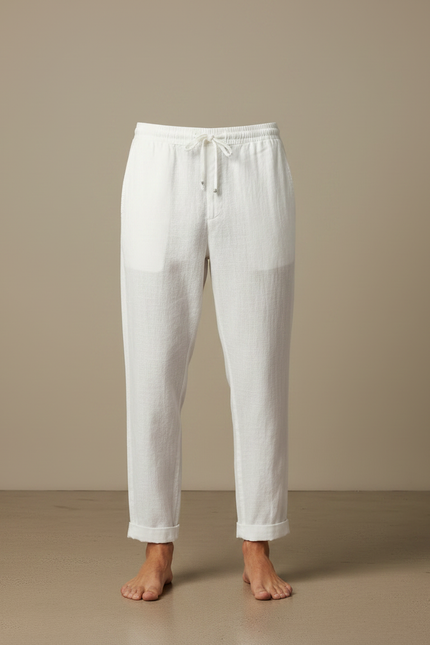 Pantalon Japonais Blanc Lin Ample Décontracté Cordon Homme - vue 3