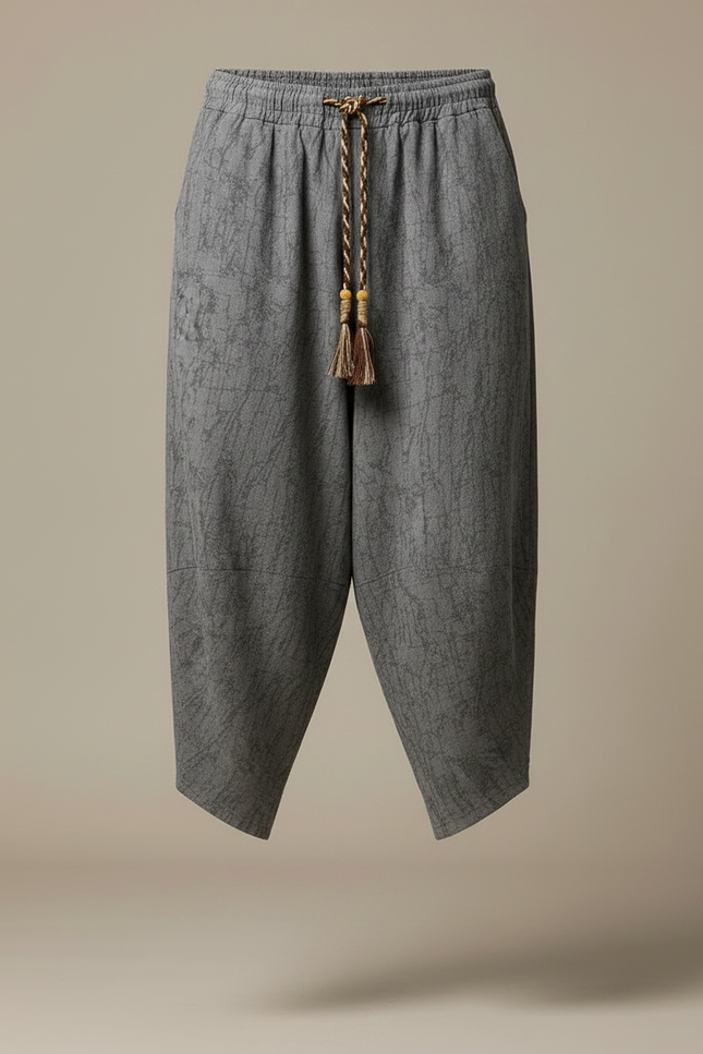 Pantalon Japonais Gris Lin Ample Imprimé Sarouel Décontracté - vue 3