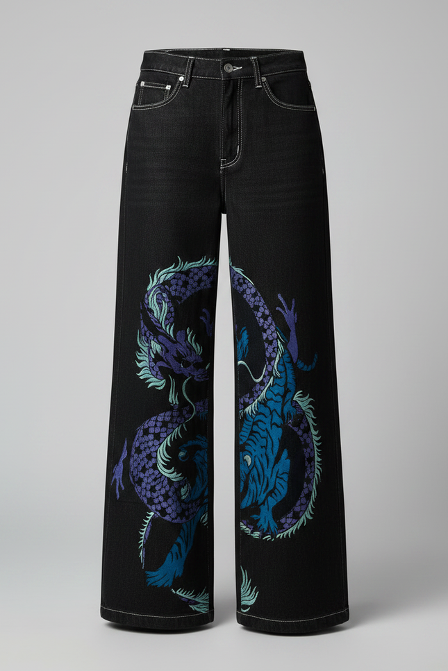 Pantalon Japonais Noir Dragon Ample Streetwear Femme - Jean - vue 3