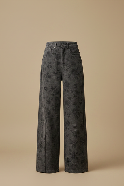 Pantalon Japonais Gris Ample Fleuri Denim Femme - Jean - vue 3