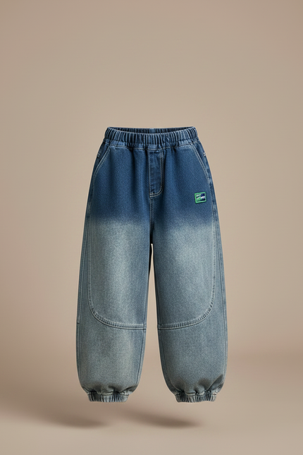 Pantalon Japonais Dégradé Denim Ample Élastique Patchwork - Bleu Jean - vue 3