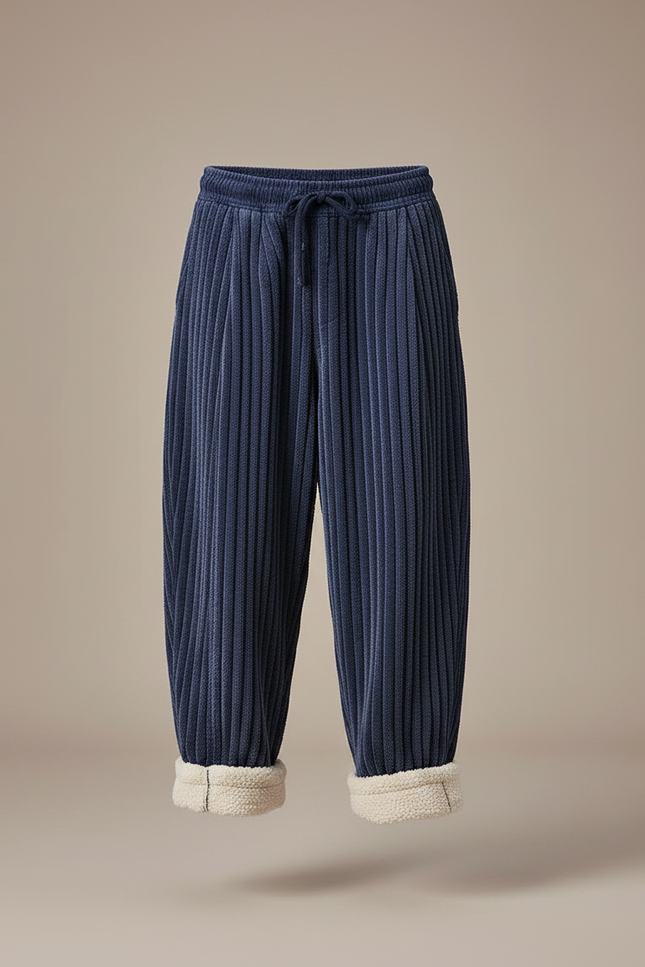Pantalon Japonais Velours Côtelé Bleu Épais Ample Hiver - Marine Cordé - vue 3