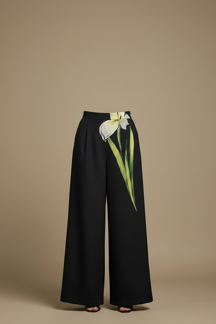 Pantalon Japonais Noir Fleuri Ample Élégant Femme - Polyester - vue 3