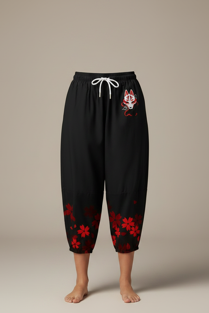 Pantalon Japonais Noir Fleuri Ample Fluide Renard - Polyester - vue 3