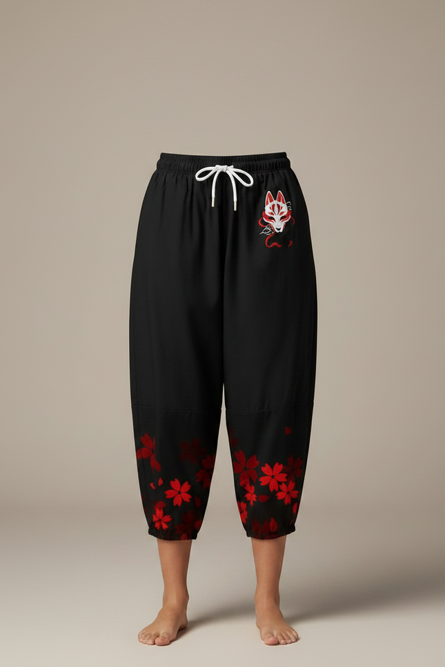 Pantalon Japonais Noir Fleuri Ample Fluide Renard - Polyester - vue 3